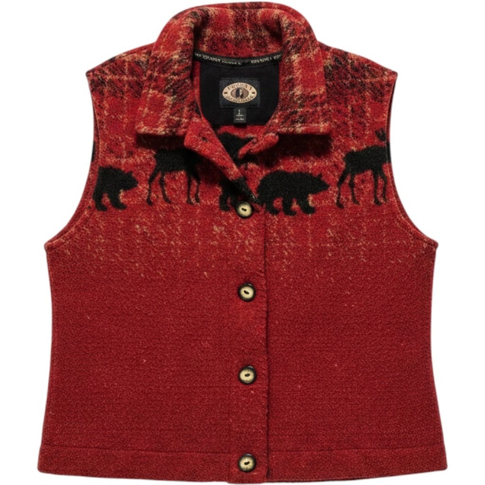 County Clothing Vest Women L Red Wildlife Bear Moose Fleece Button Up Cabincore